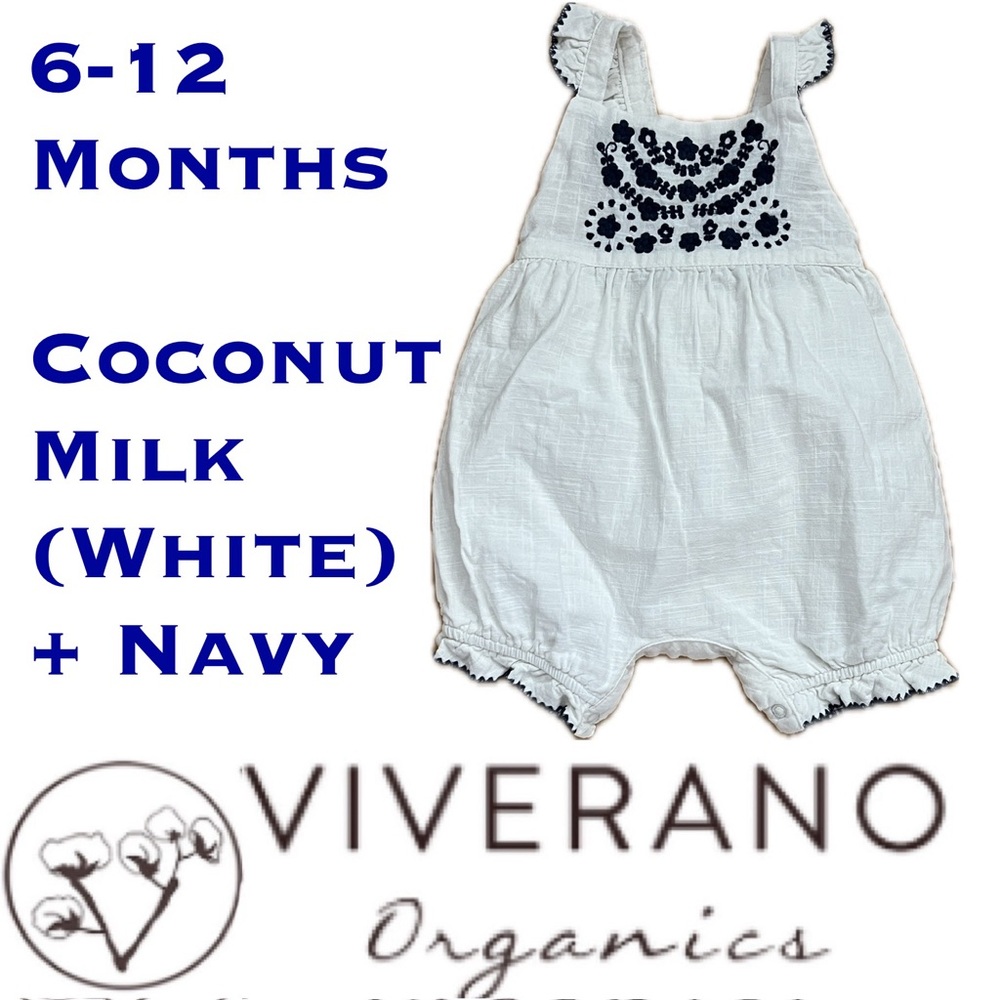 🐣Organic Cotton Milena Embroidered Bubble Baby Romper White+Navy | Viverano